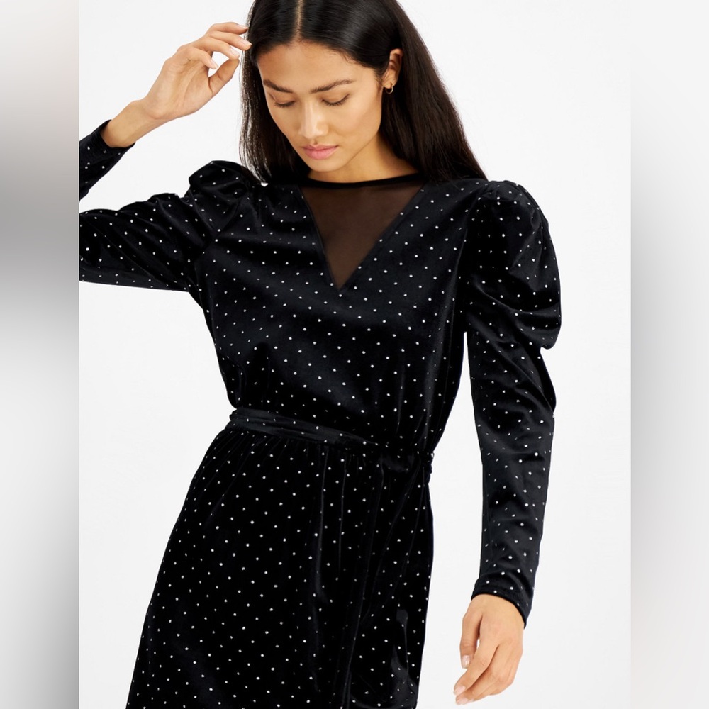 Dot-Print Velvet Puff-Sleeve Dress